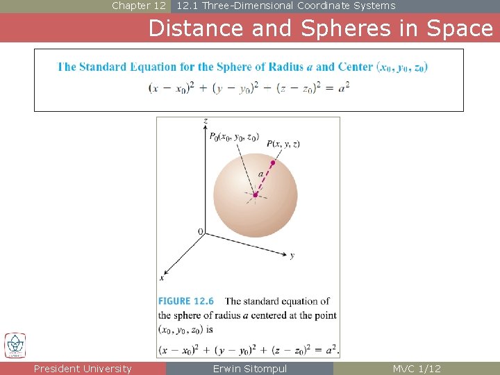 Chapter 12 12. 1 Three-Dimensional Coordinate Systems Distance and Spheres in Space President University