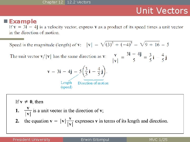 Chapter 12 12. 2 Vectors Unit Vectors n Example President University Erwin Sitompul MVC