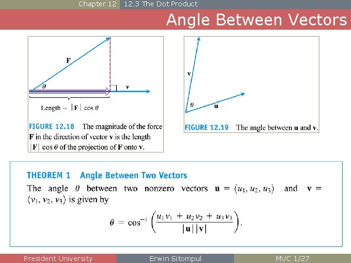 Chapter 12 12. 3 The Dot Product Angle Between Vectors President University Erwin Sitompul