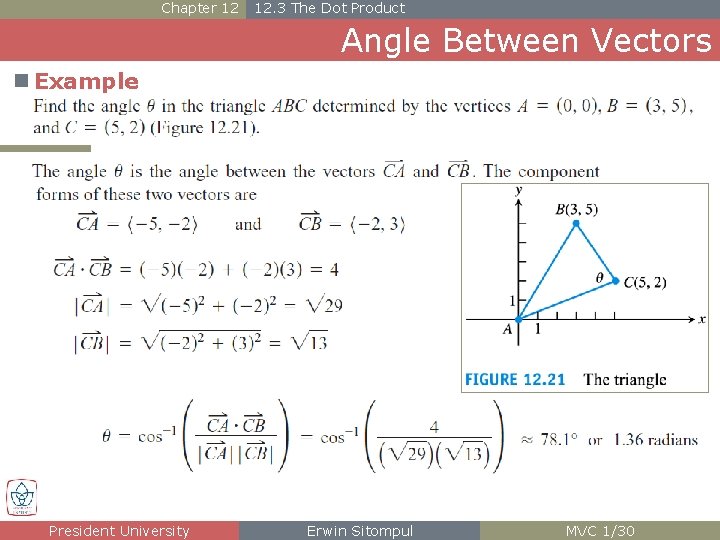 Chapter 12 12. 3 The Dot Product Angle Between Vectors n Example President University