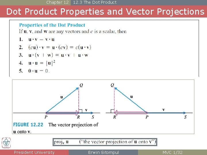 Chapter 12 12. 3 The Dot Product Properties and Vector Projections President University Erwin