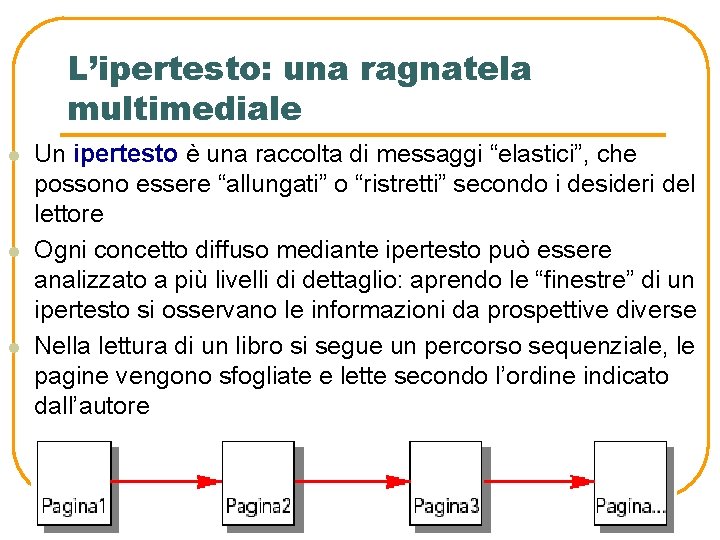 L’ipertesto: una ragnatela multimediale l l l Un ipertesto è una raccolta di messaggi
