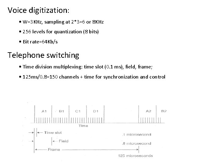 Voice digitization: • W=3 KHz, sampling at 2*3=6 or 8 KHz • 256 levels
