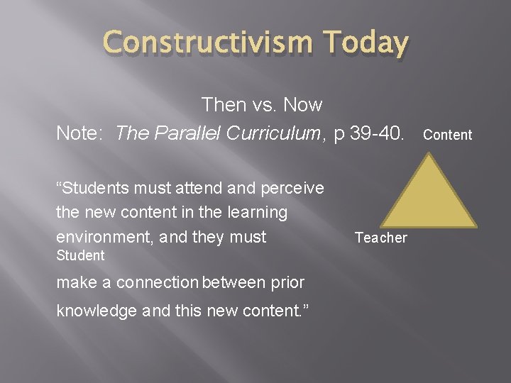 Constructivism Today Then vs. Now Note: The Parallel Curriculum, p 39 -40. “Students must Constructivism Today Then vs. Now Note: The Parallel Curriculum, p 39 -40. “Students must