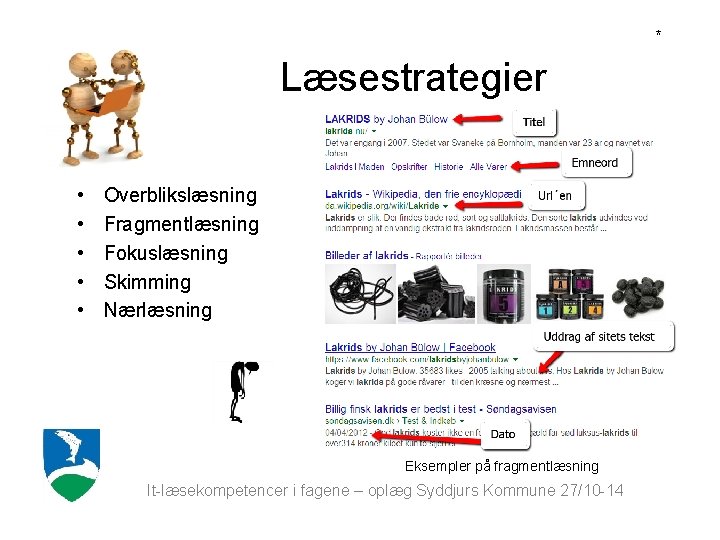 * Læsestrategier • • • Overblikslæsning Fragmentlæsning Fokuslæsning Skimming Nærlæsning Eksempler på fragmentlæsning It-læsekompetencer