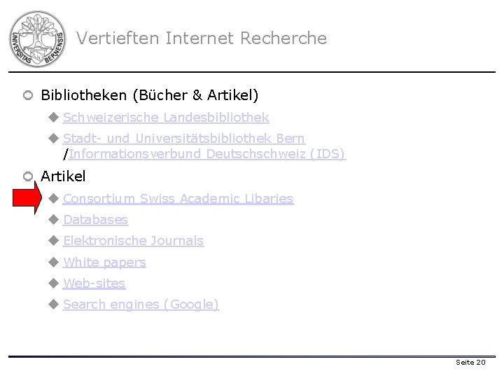 Vertieften Internet Recherche ¢ Bibliotheken (Bücher & Artikel) u Schweizerische Landesbibliothek u Stadt- und