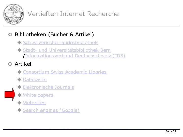 Vertieften Internet Recherche ¢ Bibliotheken (Bücher & Artikel) u Schweizerische Landesbibliothek u Stadt- und