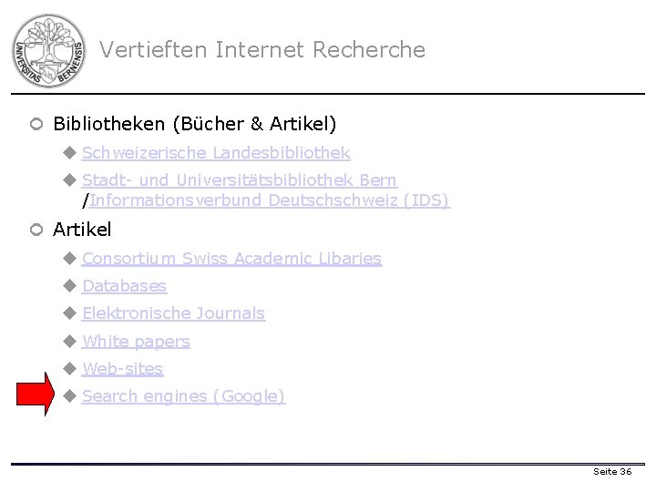 Vertieften Internet Recherche ¢ Bibliotheken (Bücher & Artikel) u Schweizerische Landesbibliothek u Stadt- und