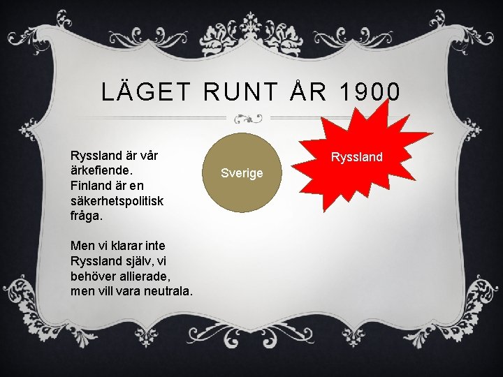 LÄGET RUNT ÅR 1900 Ryssland är vår ärkefiende. Finland är en säkerhetspolitisk fråga. Men