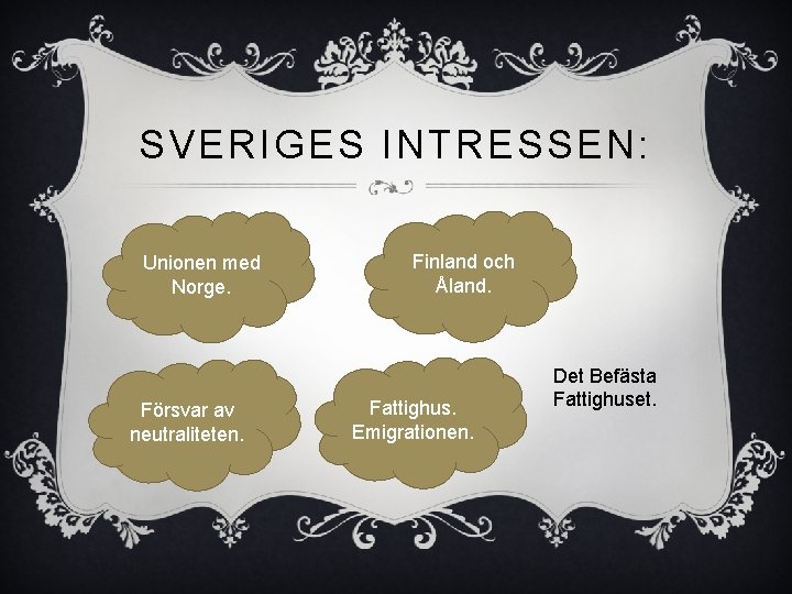 SVERIGES INTRESSEN: Unionen med Norge. Försvar av neutraliteten. Finland och Åland. Fattighus. Emigrationen. Det