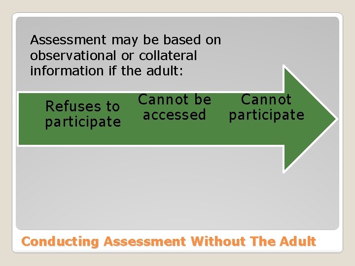 Assessment may be based on observational or collateral information if the adult: Refuses to