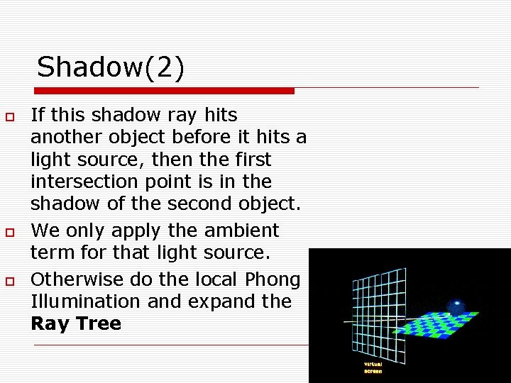 Shadow(2) If this shadow ray hits another object before it hits a light source,