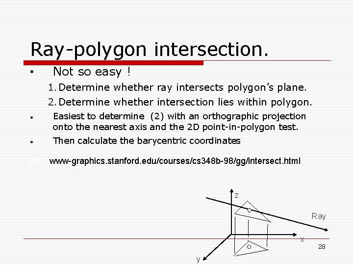 Ray-polygon intersection. • Not so easy ! 1. Determine whether ray intersects polygon’s plane.