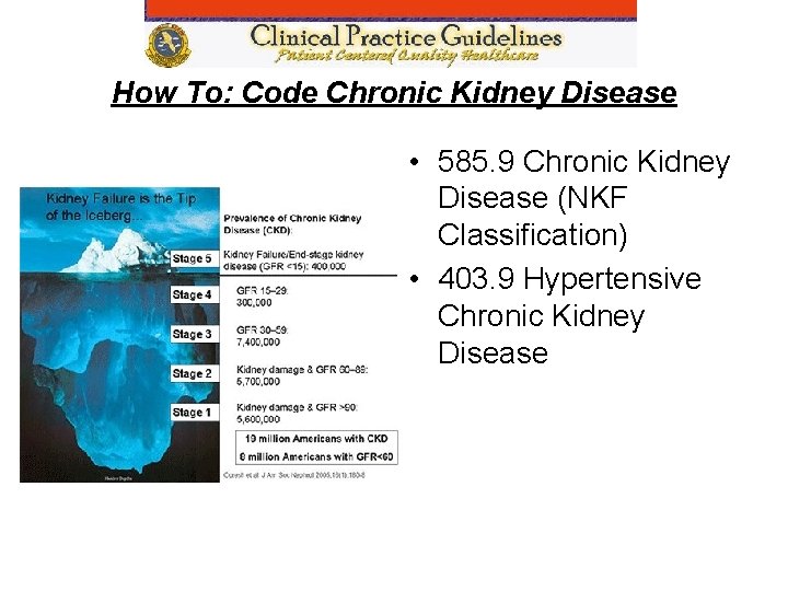 How To: Code Chronic Kidney Disease • 585. 9 Chronic Kidney Disease (NKF Classification)