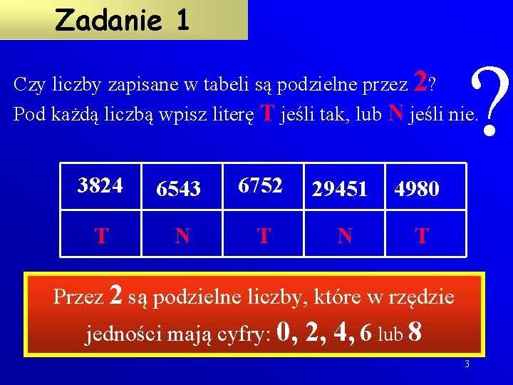 Zadanie 1 ? Czy liczby zapisane w tabeli są podzielne przez 2? Pod każdą