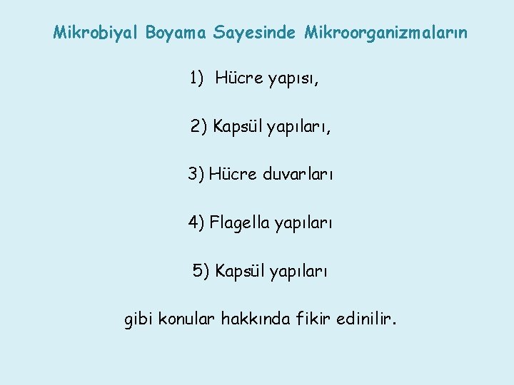 Mikrobiyal Boyama Sayesinde Mikroorganizmaların 1) Hücre yapısı, 2) Kapsül yapıları, 3) Hücre duvarları 4)