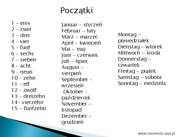 Początki 1 – eins 2 – zwei 3 – drei 4 – vier 5