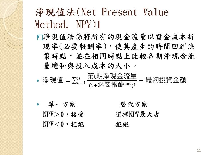 淨現值法(Net Present Value Method, NPV)1 � 12 