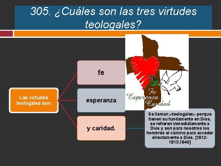 305. ¿Cuáles son las tres virtudes teologales? fe Las virtudes teologales son esperanza y