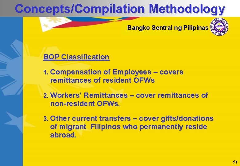 Concepts/Compilation Methodology Bangko Sentral ng Pilipinas BOP Classification 1. Compensation of Employees – covers