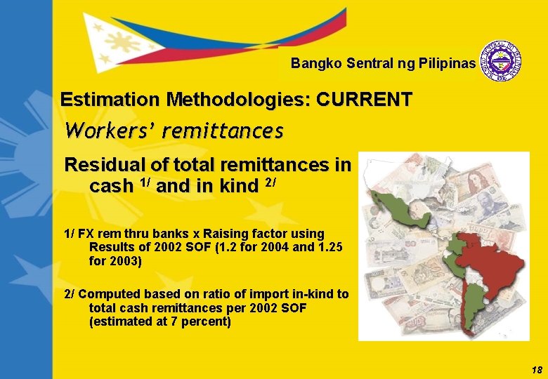 Bangko Sentral ng Pilipinas Estimation Methodologies: CURRENT Workers’ remittances Residual of total remittances in