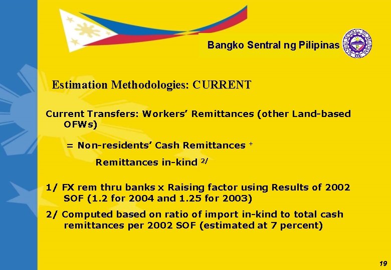 Bangko Sentral ng Pilipinas Estimation Methodologies: CURRENT Current Transfers: Workers’ Remittances (other Land-based OFWs)