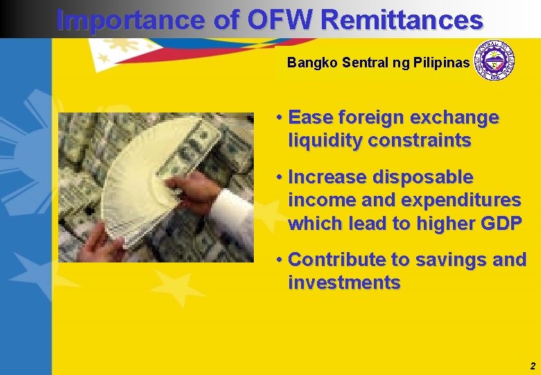 Importance of OFW Remittances Bangko Sentral ng Pilipinas • Ease foreign exchange liquidity constraints