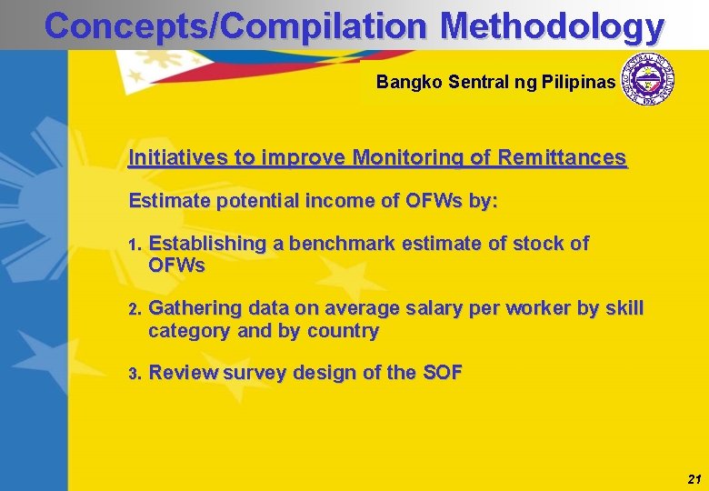 Concepts/Compilation Methodology Bangko Sentral ng Pilipinas Initiatives to improve Monitoring of Remittances Estimate potential
