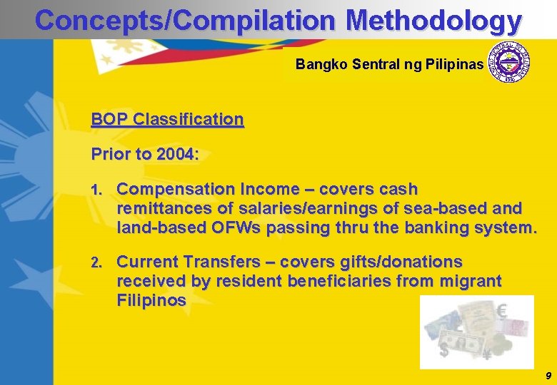 Concepts/Compilation Methodology Bangko Sentral ng Pilipinas BOP Classification Prior to 2004: 1. Compensation Income