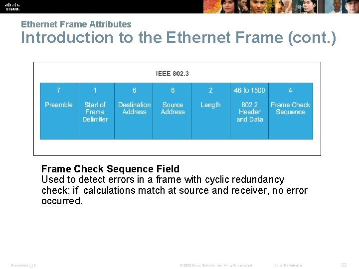 Ethernet Frame Attributes Introduction to the Ethernet Frame (cont. ) Frame Check Sequence Field