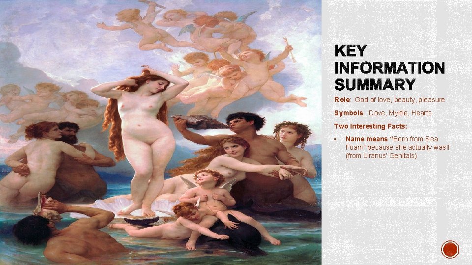 Role: God of love, beauty, pleasure Symbols: Dove, Myrtle, Hearts Two Interesting Facts: • Role: God of love, beauty, pleasure Symbols: Dove, Myrtle, Hearts Two Interesting Facts: •