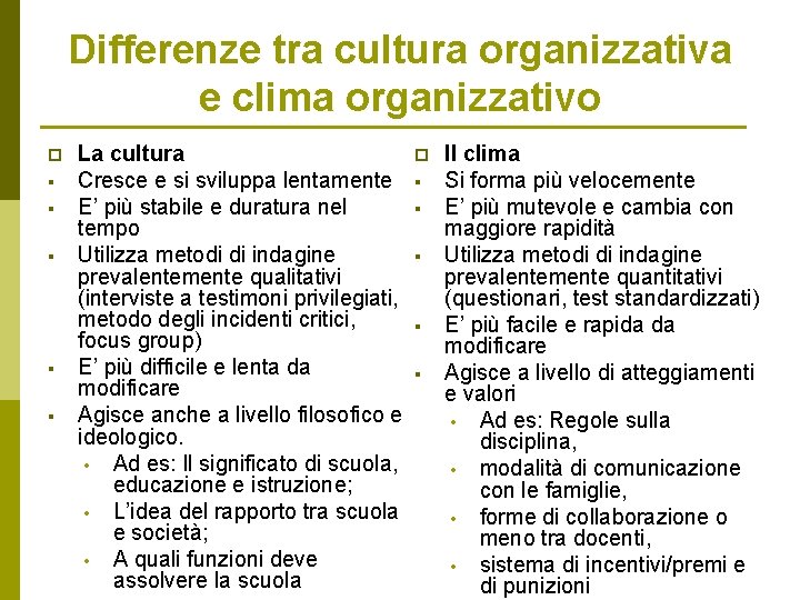 Differenze tra cultura organizzativa e clima organizzativo p § § § La cultura p
