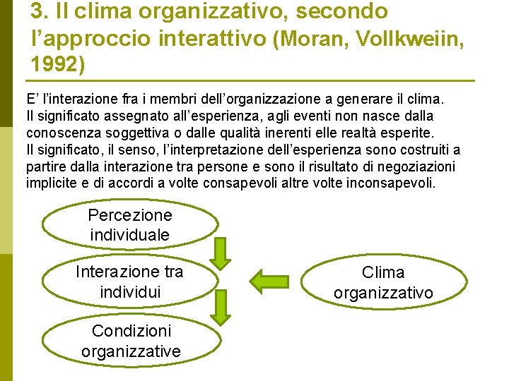 3. Il clima organizzativo, secondo l’approccio interattivo (Moran, Vollkweiin, 1992) E’ l’interazione fra i