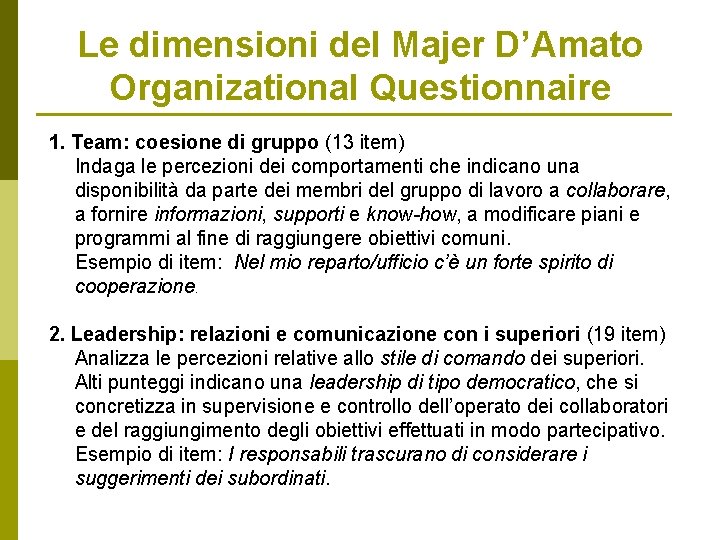 Le dimensioni del Majer D’Amato Organizational Questionnaire 1. Team: coesione di gruppo (13 item)