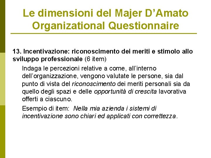 Le dimensioni del Majer D’Amato Organizational Questionnaire 13. Incentivazione: riconoscimento dei meriti e stimolo