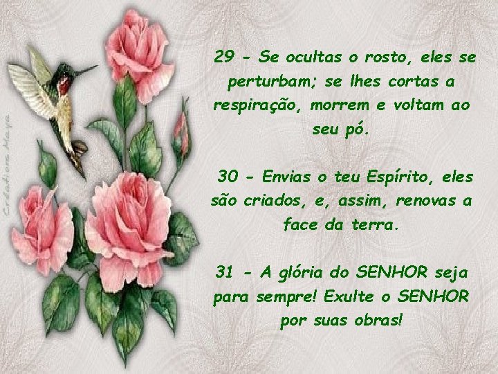 29 - Se ocultas o rosto, eles se perturbam; se lhes cortas a respiração,