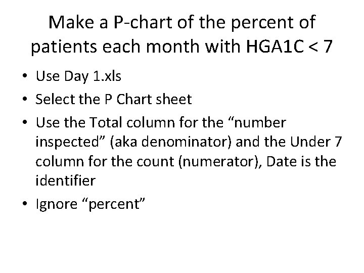 Make a P-chart of the percent of patients each month with HGA 1 C