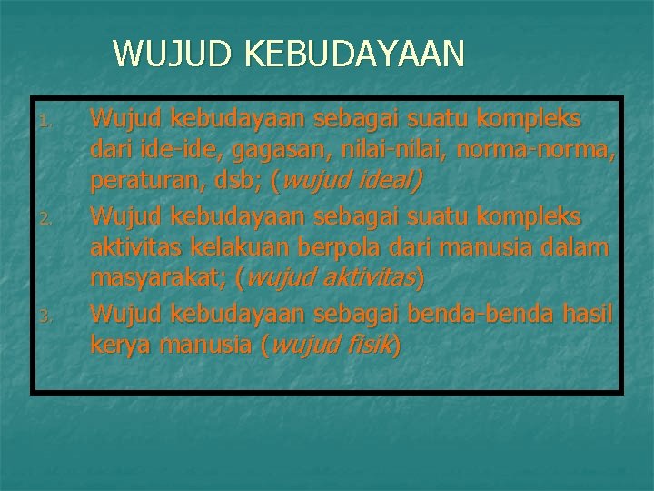 WUJUD KEBUDAYAAN 1. 2. 3. Wujud kebudayaan sebagai suatu kompleks dari ide-ide, gagasan, nilai-nilai,