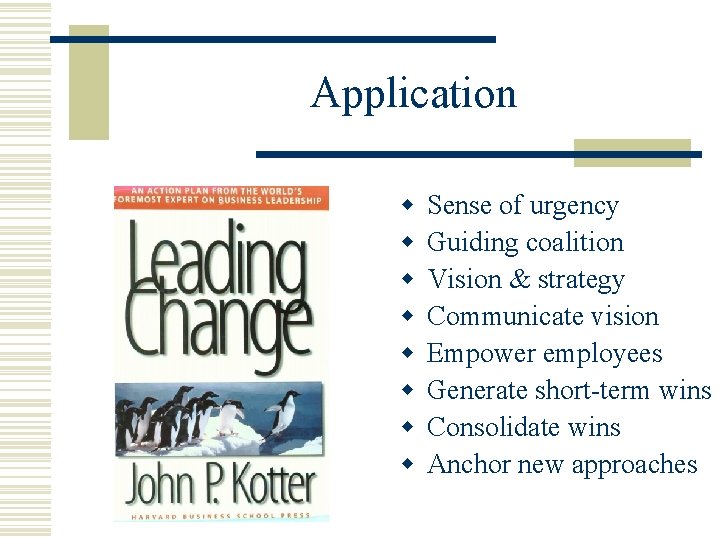 Application w w w w Sense of urgency Guiding coalition Vision & strategy Communicate