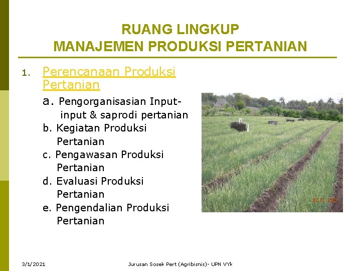 RUANG LINGKUP MANAJEMEN PRODUKSI PERTANIAN 1. Perencanaan Produksi Pertanian a. Pengorganisasian Inputinput & saprodi