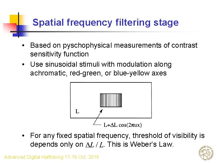 Spatial frequency filtering stage • Based on pyschophysical measurements of contrast sensitivity function •