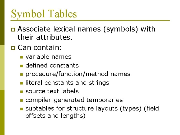 Symbol Tables Associate lexical names (symbols) with their attributes. p Can contain: p n