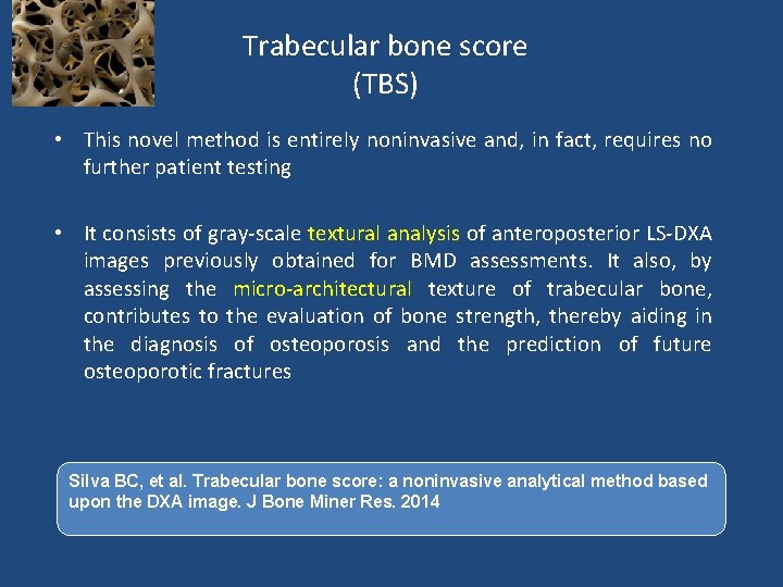 Trabecular bone score (TBS) • This novel method is entirely noninvasive and, in fact,