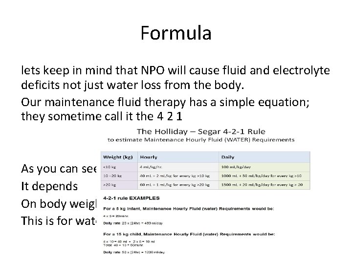 Formula lets keep in mind that NPO will cause fluid and electrolyte deficits not