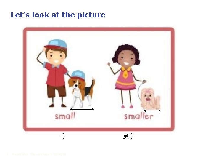 Let’s look at the picture 小 3 Presentation Title runs here l 00/00/00 更小