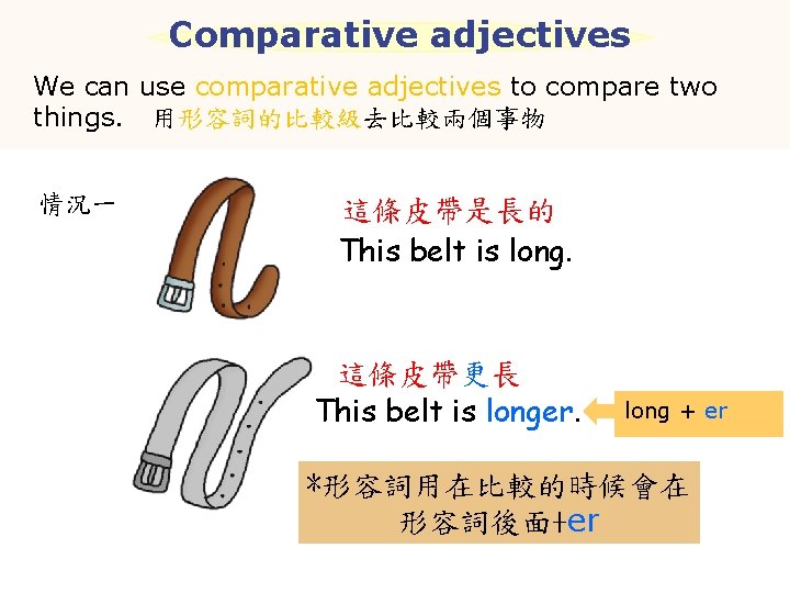 Comparative adjectives We can use comparative adjectives to compare two things. 用形容詞的比較級去比較兩個事物 情況一 這條皮帶是長的