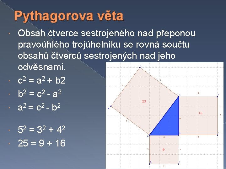 Pythagorova věta Obsah čtverce sestrojeného nad přeponou pravoúhlého trojúhelníku se rovná součtu obsahů čtverců