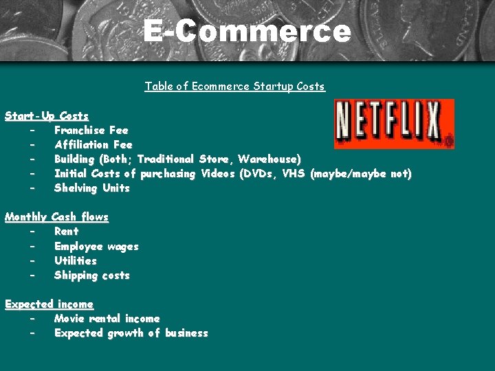 E-Commerce Table of Ecommerce Startup Costs Start-Up Costs – Franchise Fee – Affiliation Fee