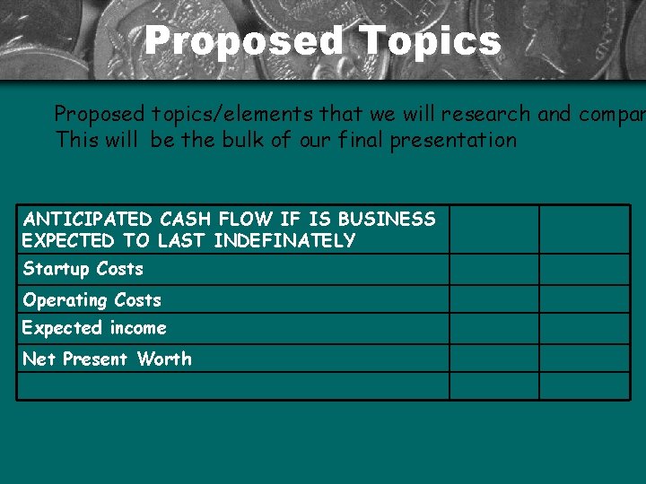 Proposed Topics Proposed topics/elements that we will research and compar This will be the