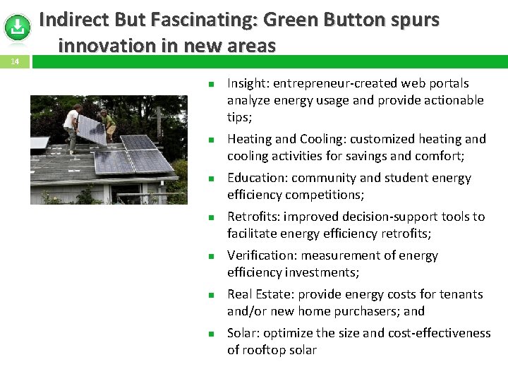 14 Indirect But Fascinating: Green Button spurs innovation in new areas Insight: entrepreneur-created web